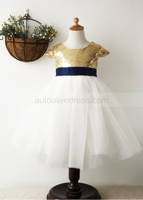 Cap Sleeves Gold Sequin Ivory Tulle Short Flower Girl Dress